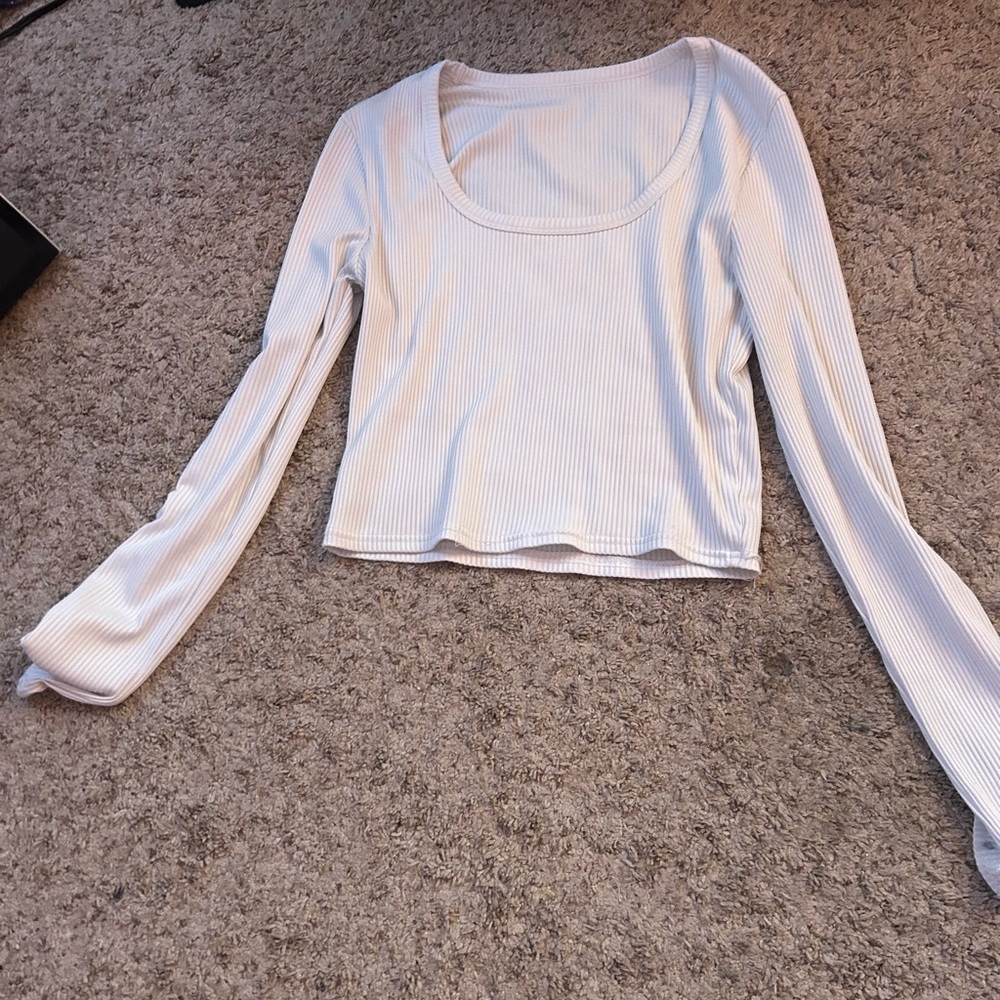 White Ribbed Long Sleeve Top